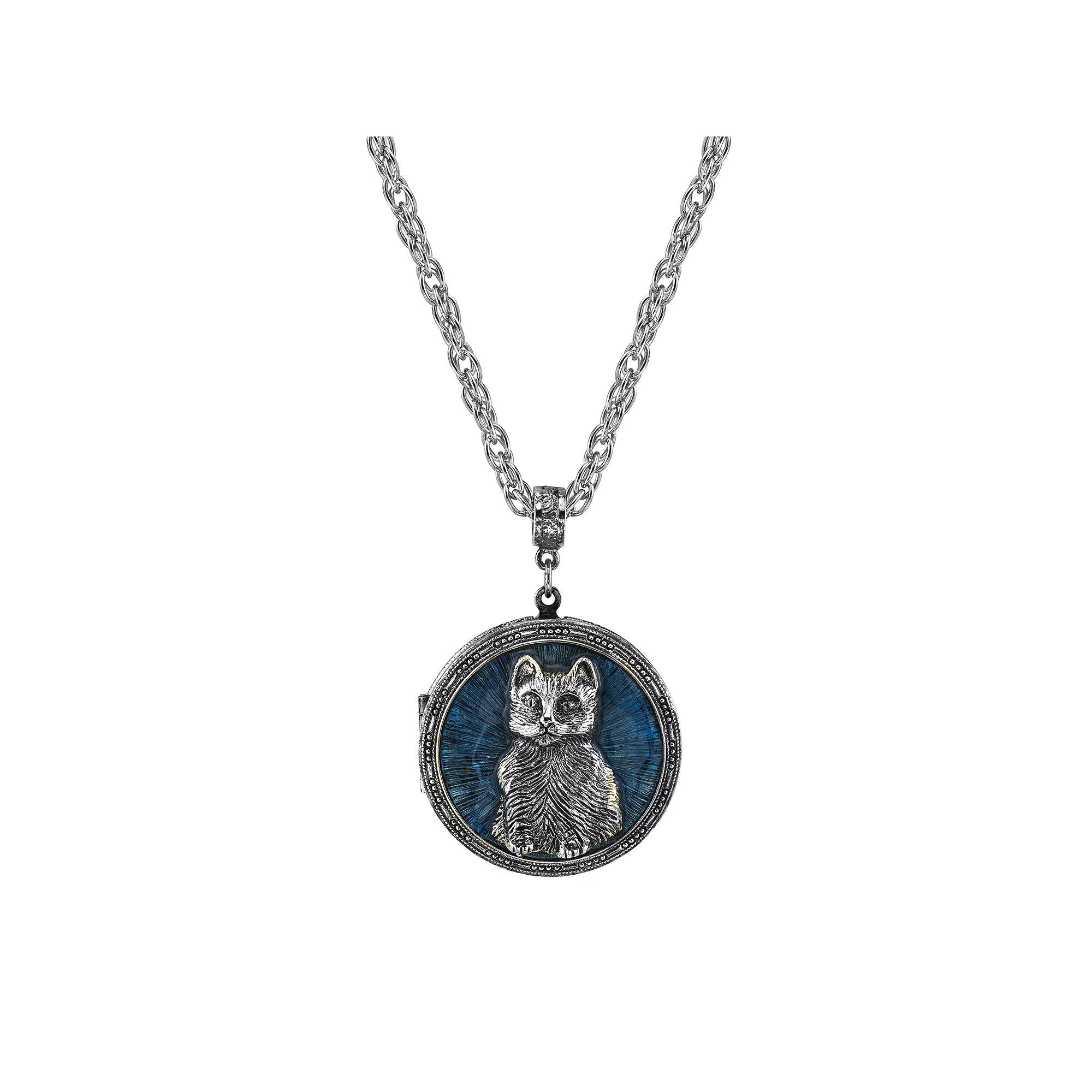 1928 Jewelry Antiqued Pewter Cat Locket Pendant Necklace, Womens, Blue Product Image