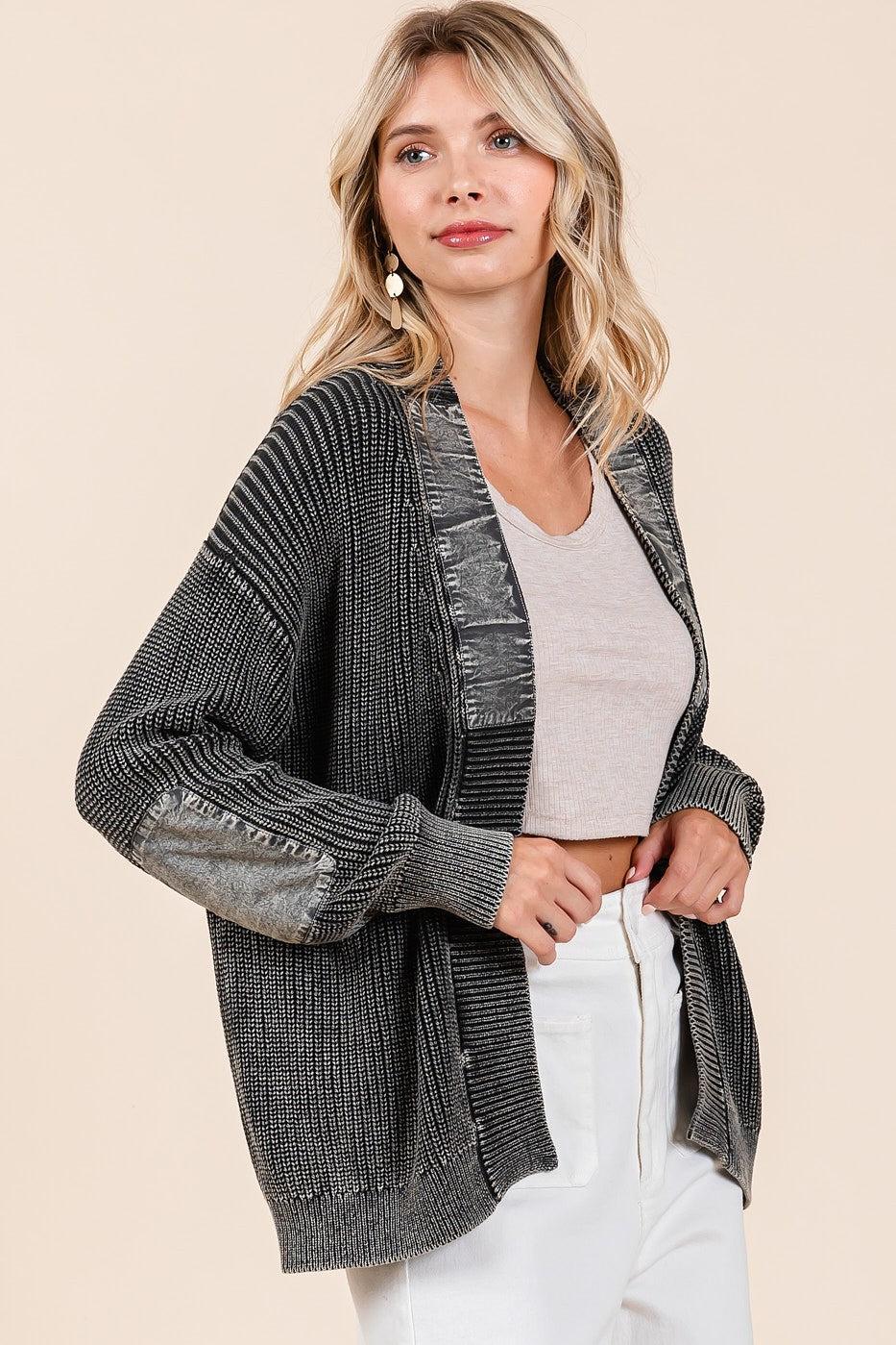 MINERAL WASH CONTRAST PATCH OPEN FRONT CARDIGAN Product Image