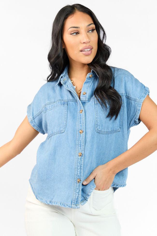 More Than Ever Short Sleeve Chambray Button Down Top Product Image