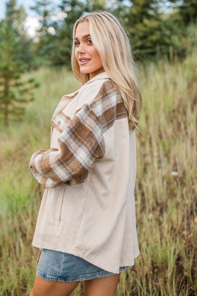 Talking My Language Beige and Brown Plaid Sleeve Shacket FINAL SALE Product Image