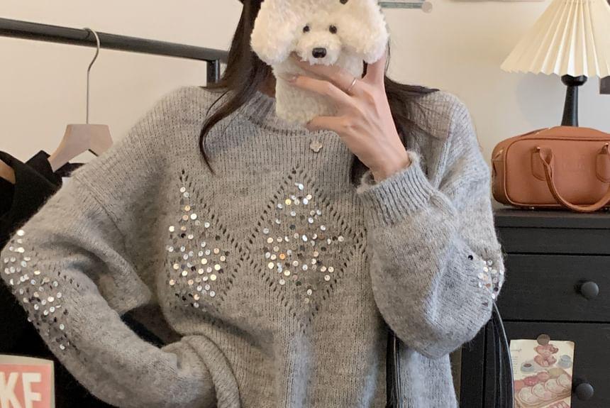 Crew Neck Sequin Perforated Sweater / High Rise Mini A-Line Skirt Product Image