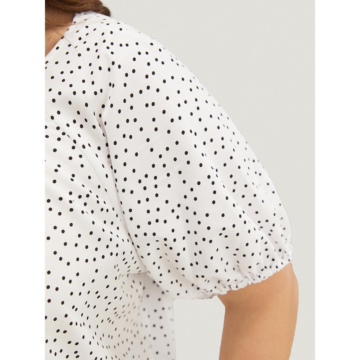 Plus Size White Polka Dot Pleated Round Neck Puff Sleeve Blouse Women Office Short sleeve Round Neck Work Blouses BloomChic 10/M Product Image