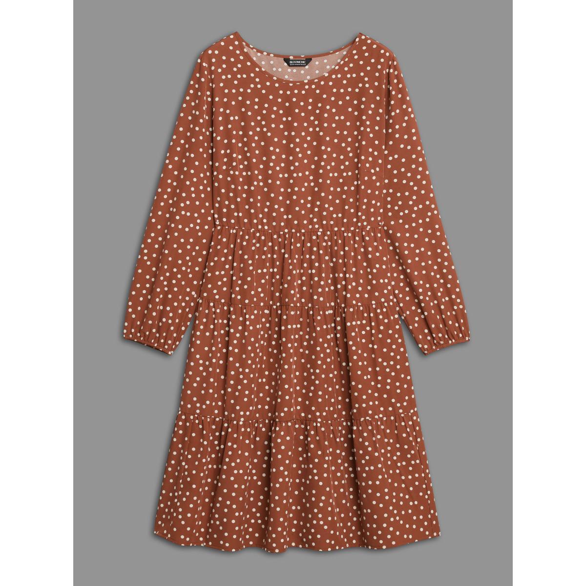 Plus Size Polka Dot Waist-Cinched Tiered Dress Rust Women At the Office Ruffles Round Neck Long Sleeve Curvy BloomChic 22-24/3X Product Image