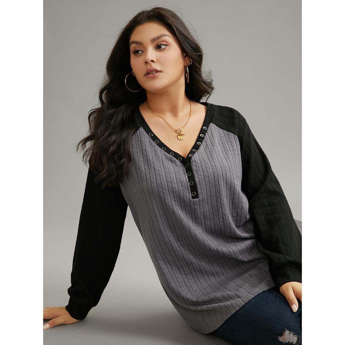 Plus Size Textured Contrast Button Detail Raglan Sleeve Sweatshirt Women Gray Casual Texture V-neck Dailywear Sweatshirts BloomChic 22-24/3X Product Image