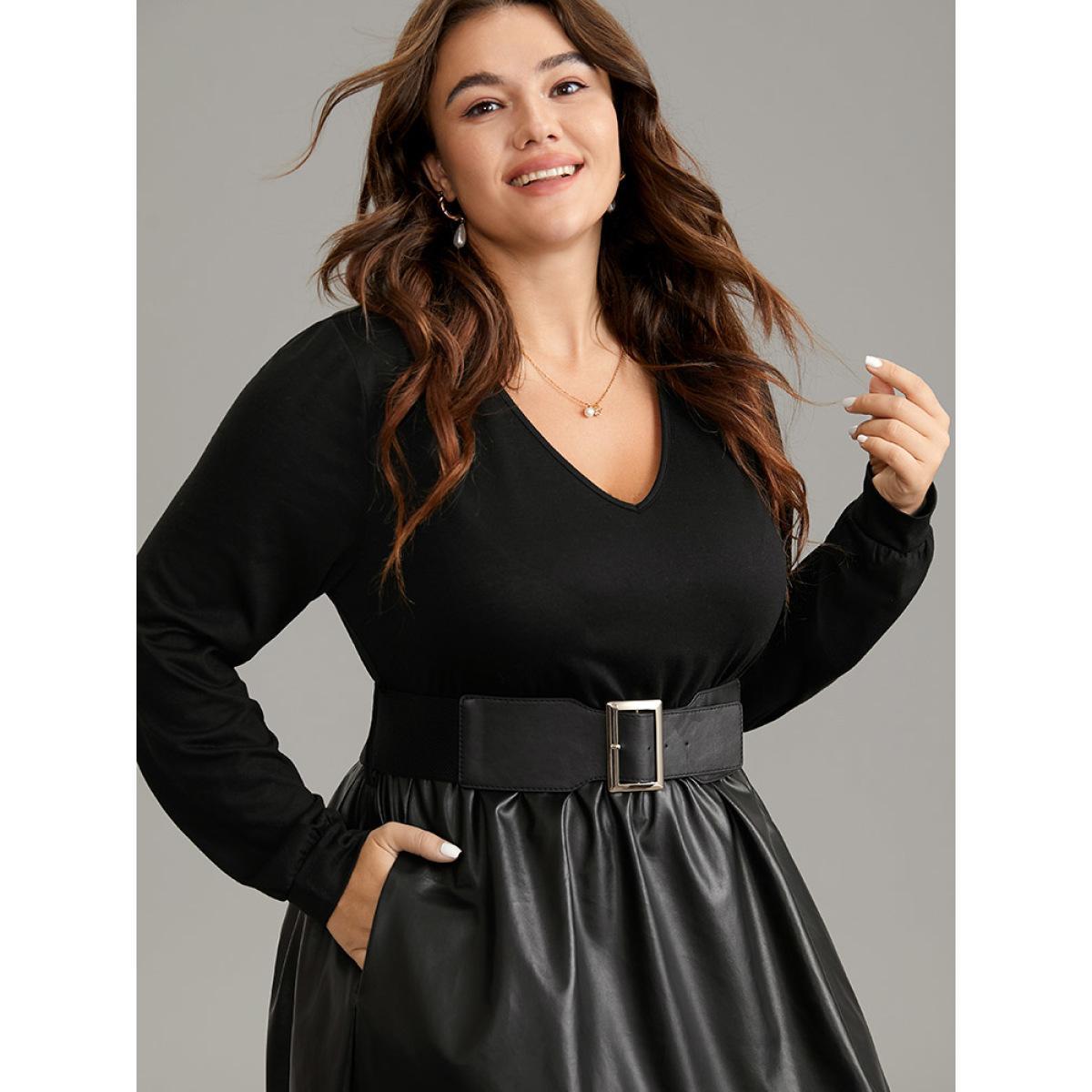 Plus Size PU Patchwork V Neck Dress With Belt Black Women Office Plain V-neck Long Sleeve Curvy Knee Dress BloomChic 12/L Product Image