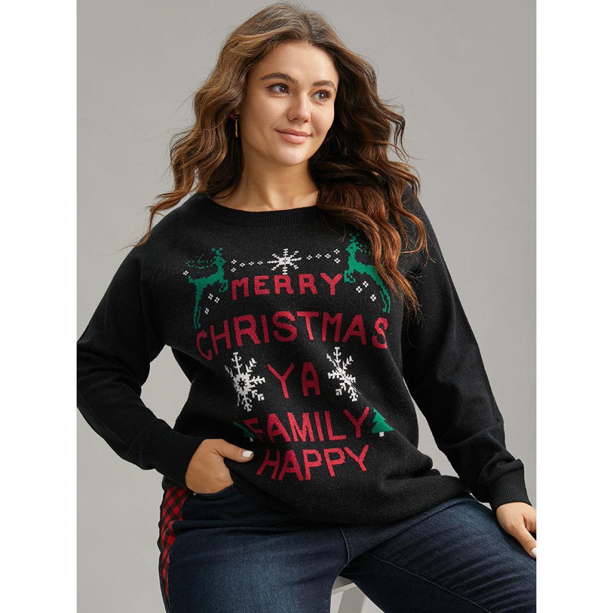 Plus Size Supersoft Essentials Christmas Elk Letter Crew Neck Pullover Black Women Casual Long Sleeve Round Neck Festival-Christmas Pullovers BloomChic 30/6X Product Image