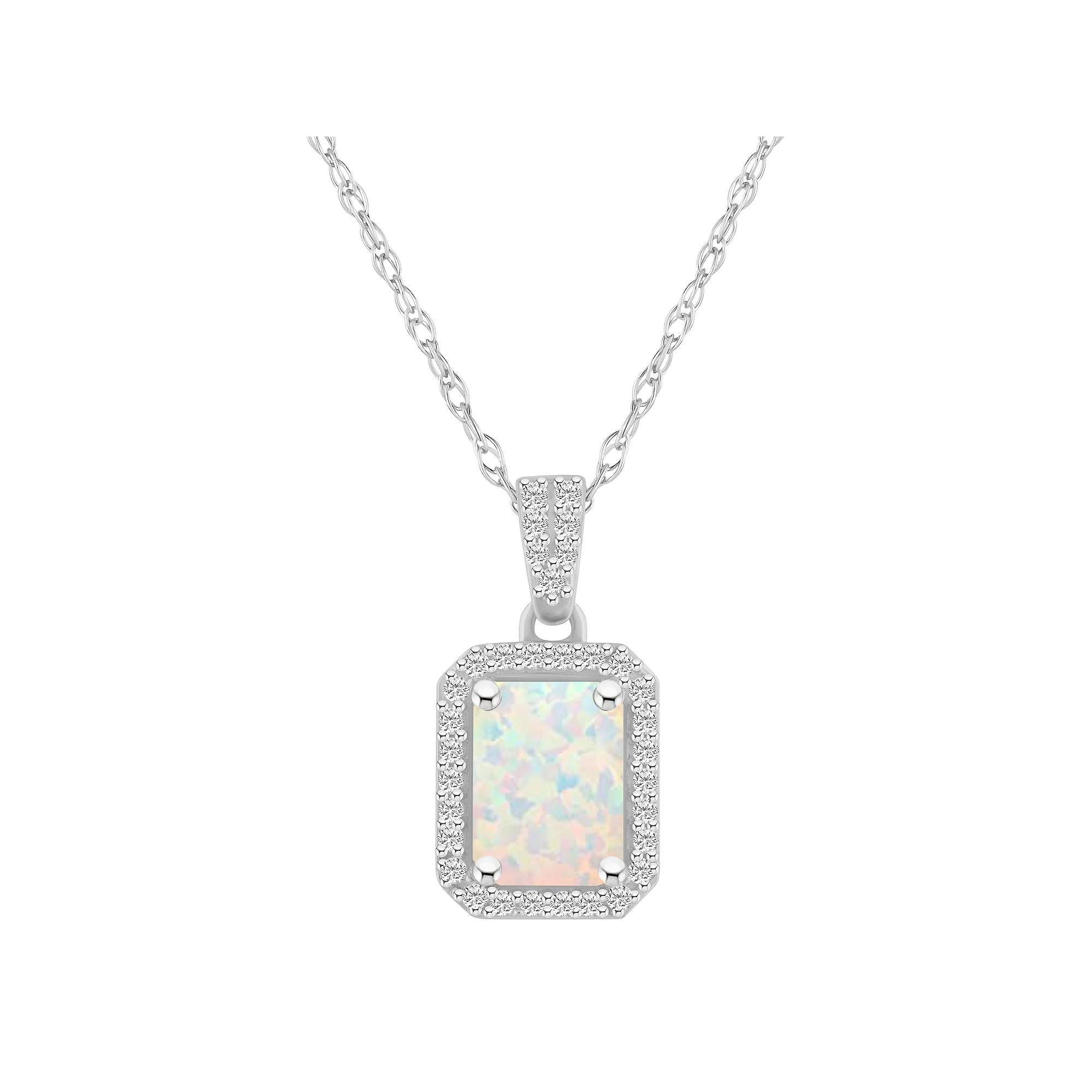 Celebration Gems 10k White Gold Emerald Cut Gemstone & Lab-Created White Sapphire Halo Pendant Necklace, Women's, Size: 18" Product Image