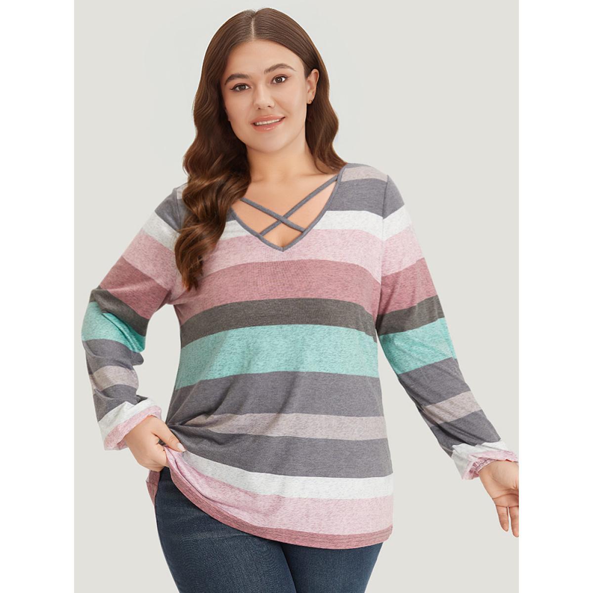 Plus Size Colour Striped Contrast Crisscross Lantern Sleeve T-shirt Multicolor Women Casual Elastic cuffs Striped V-neck Dailywear T-shirts BloomChic 30/6X Product Image