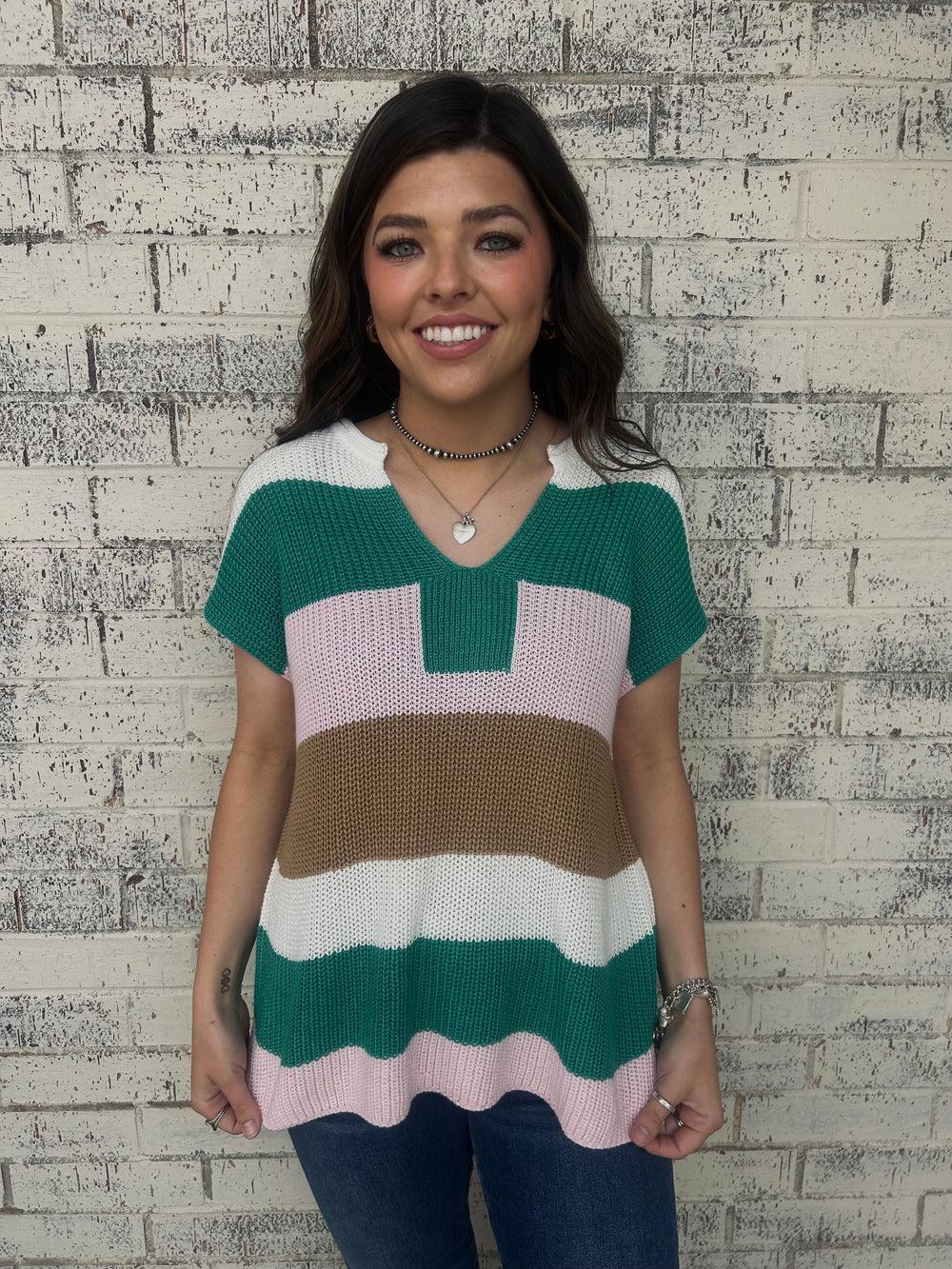 Color Block Notch V Sweater Top Product Image