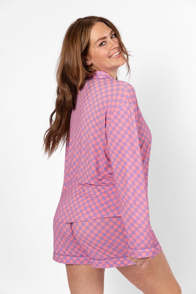 Good To Get Away Light Pink and Lilac Checkered Pajama Shorts Product Image