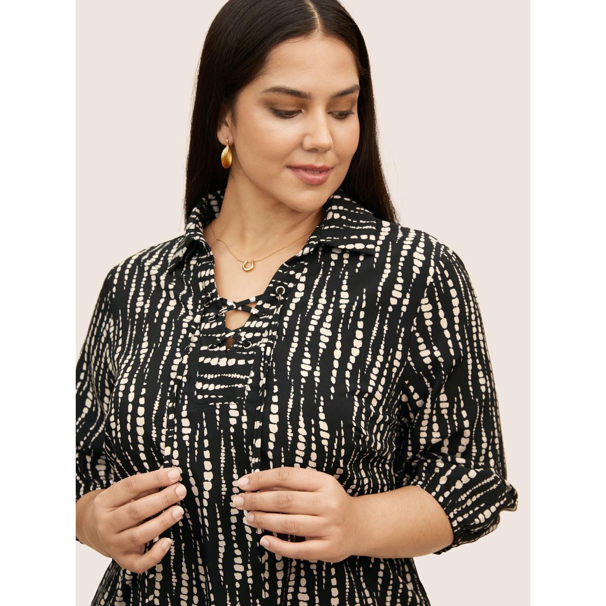Plus Size Black Striped Lace Up Gathered Lantern Sleeve Blouse Women At the Office Elbow-length sleeve Shirt collar Work Blouses BloomChic 12/L Product Image