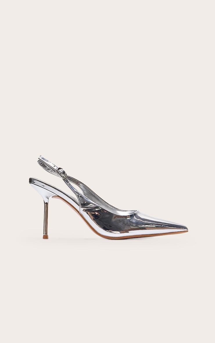 Silver PU Point Toe Sling Back Mid Heeled Courts Product Image
