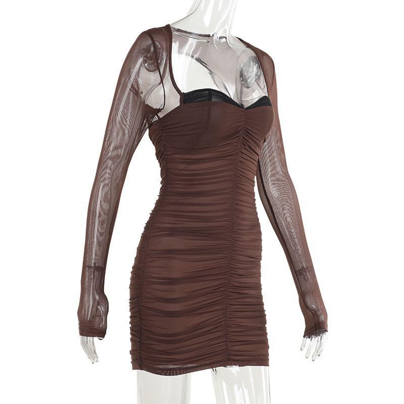 Long Sleeve Square Neck Ruched Bodycon Mini Dress Product Image