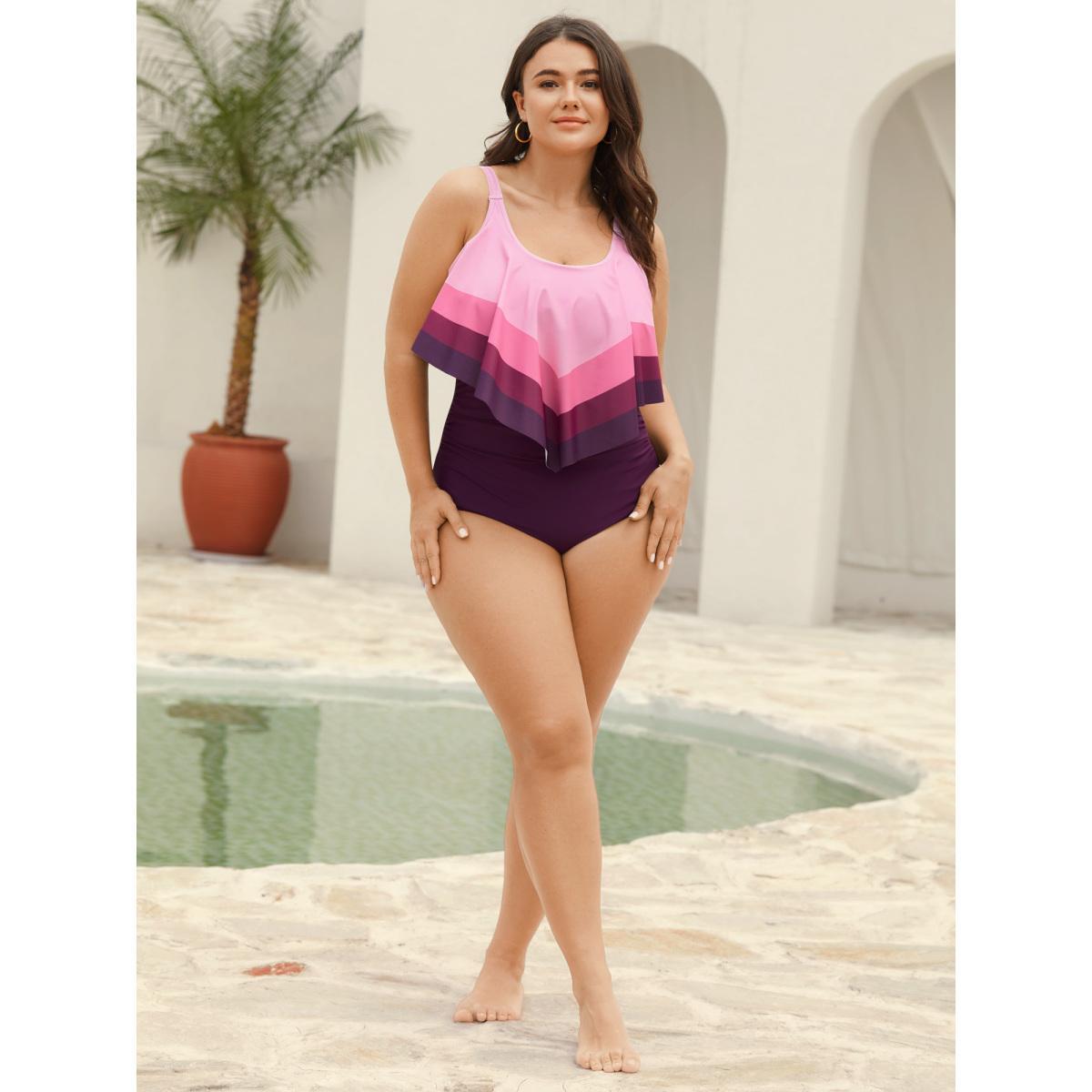 Plus Size Color Block Layered One-Piece Swimsuit Women's Swimwear Deeppurple Beach Gathered Curve Bathing Suits High stretch One Pieces BloomChic 26/4X Product Image