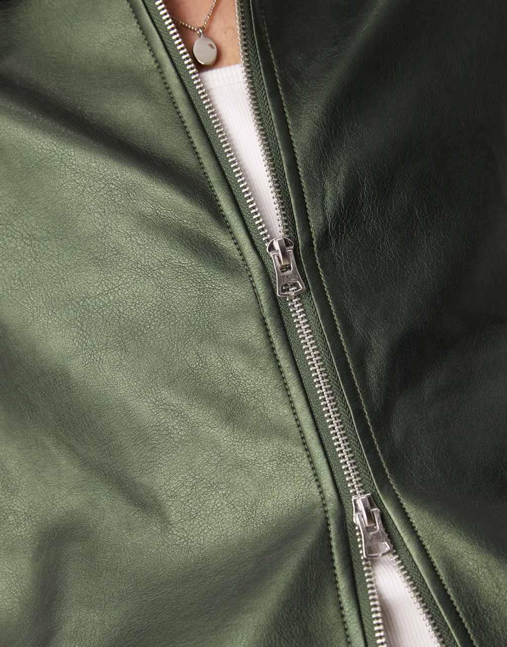 ASOS DESIGN faux leather harrington jacket in metalic green Product Image