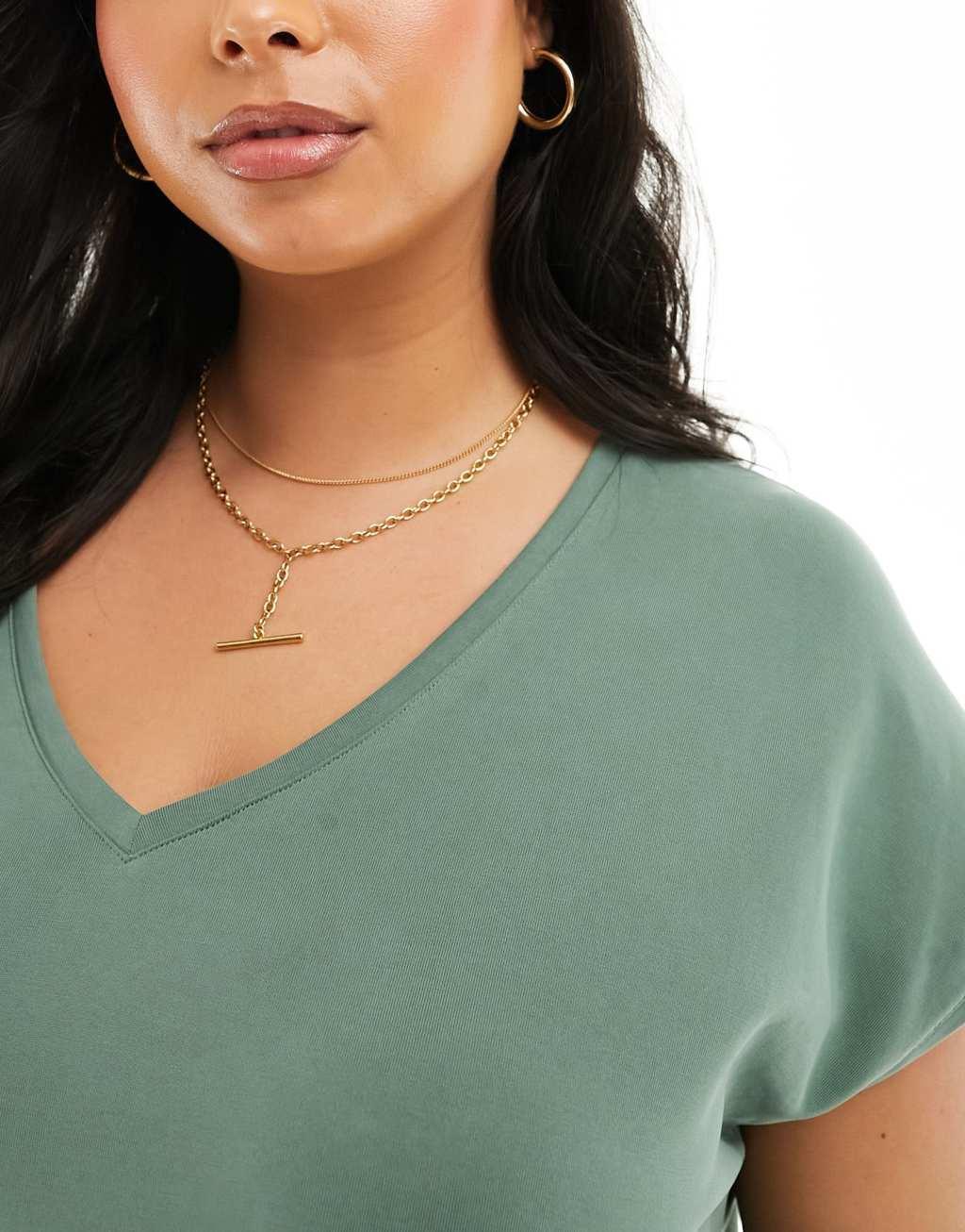 Vero Moda Curve slinky v neck t-shirt in khaki Product Image