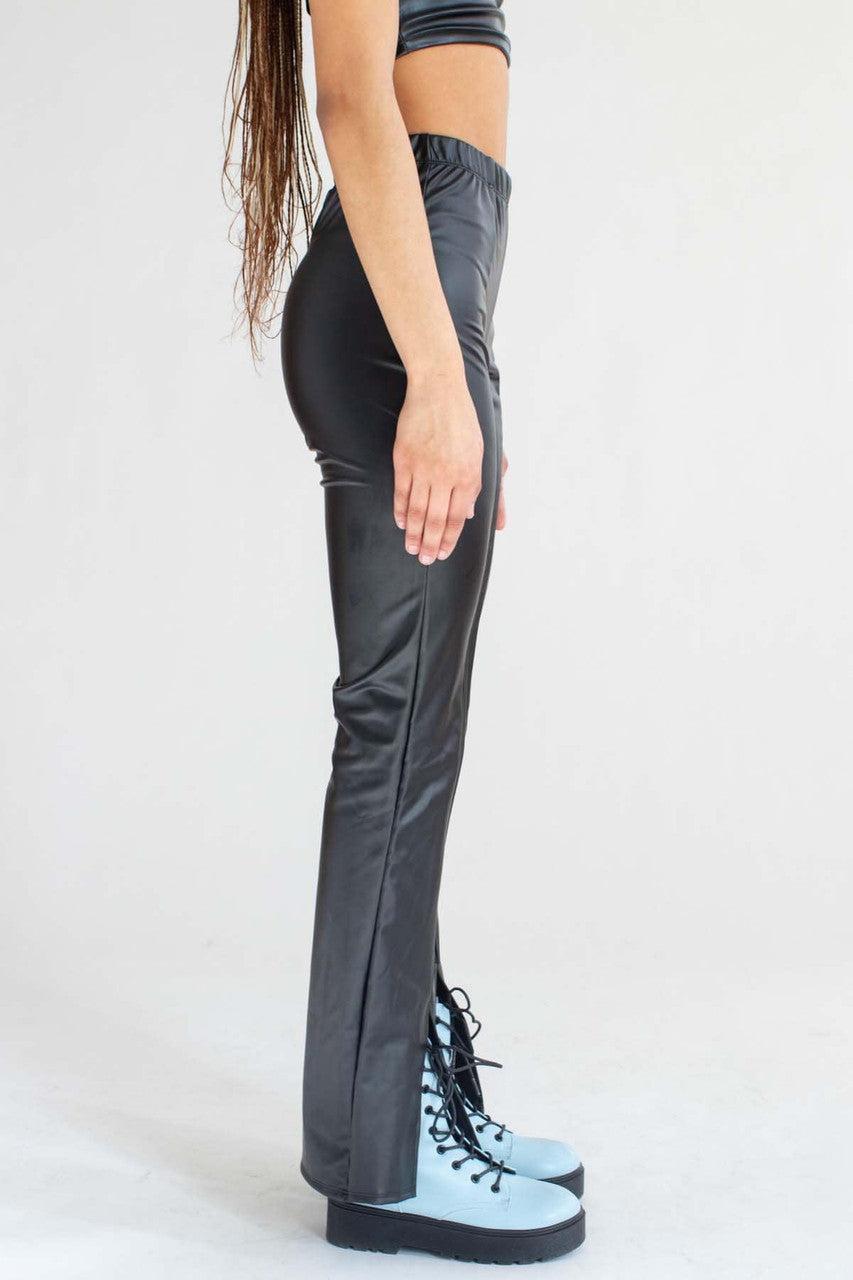 Black Split Front Pleather Bell Bottoms Product Image