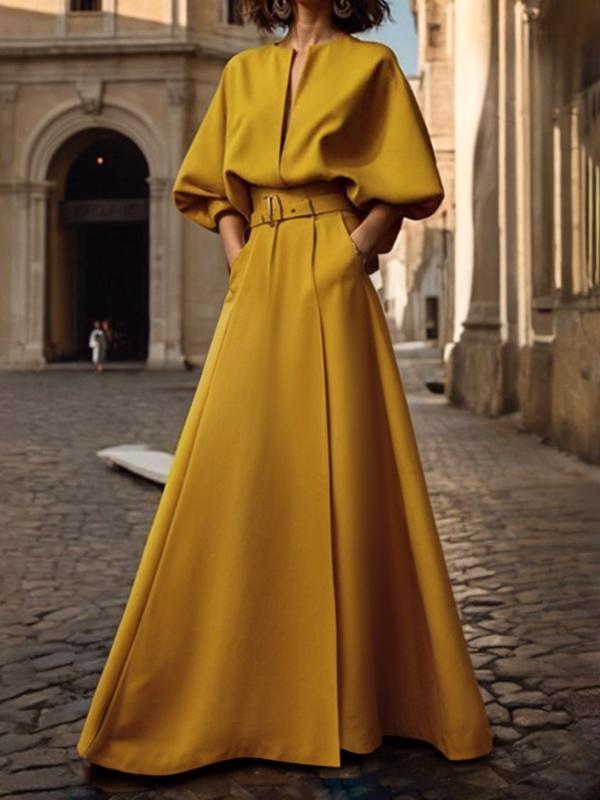 Half Sleeves Loose Belted Solid Color Deep V-Neck Maxi Dresses Product Image