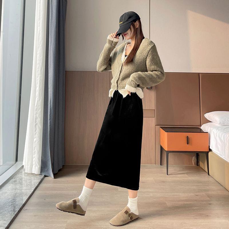 High-Waist Fleece Plain Midi Skirt Product Image