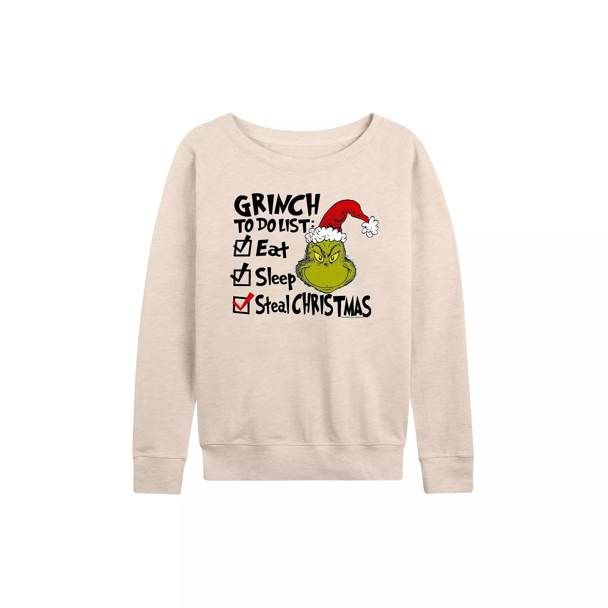 Women's Dr. Seuss The Grinch To Do List French Terry Long Sleeve Tee, Girl's, Size: Large, Beige Product Image