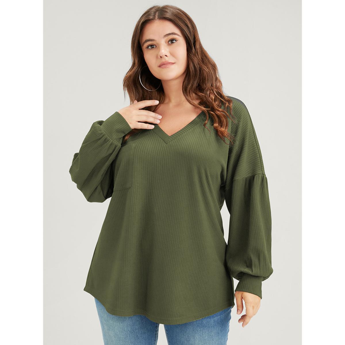 Plus Size Solid Drop Shoulder Pocket Arc Hem Rib Knit Sweatshirt Women ArmyGreen Elegant Plain V-neck Dailywear Sweatshirts BloomChic 18-20/2X Product Image