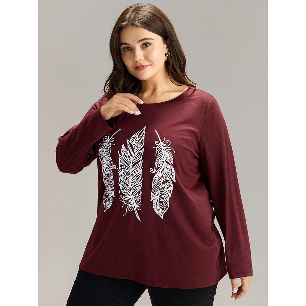 Plus Size Feather Print Round Neck T-shirt Burgundy Women Casual Printed Art&design Dailywear T-shirts BloomChic 22-24/3X Product Image