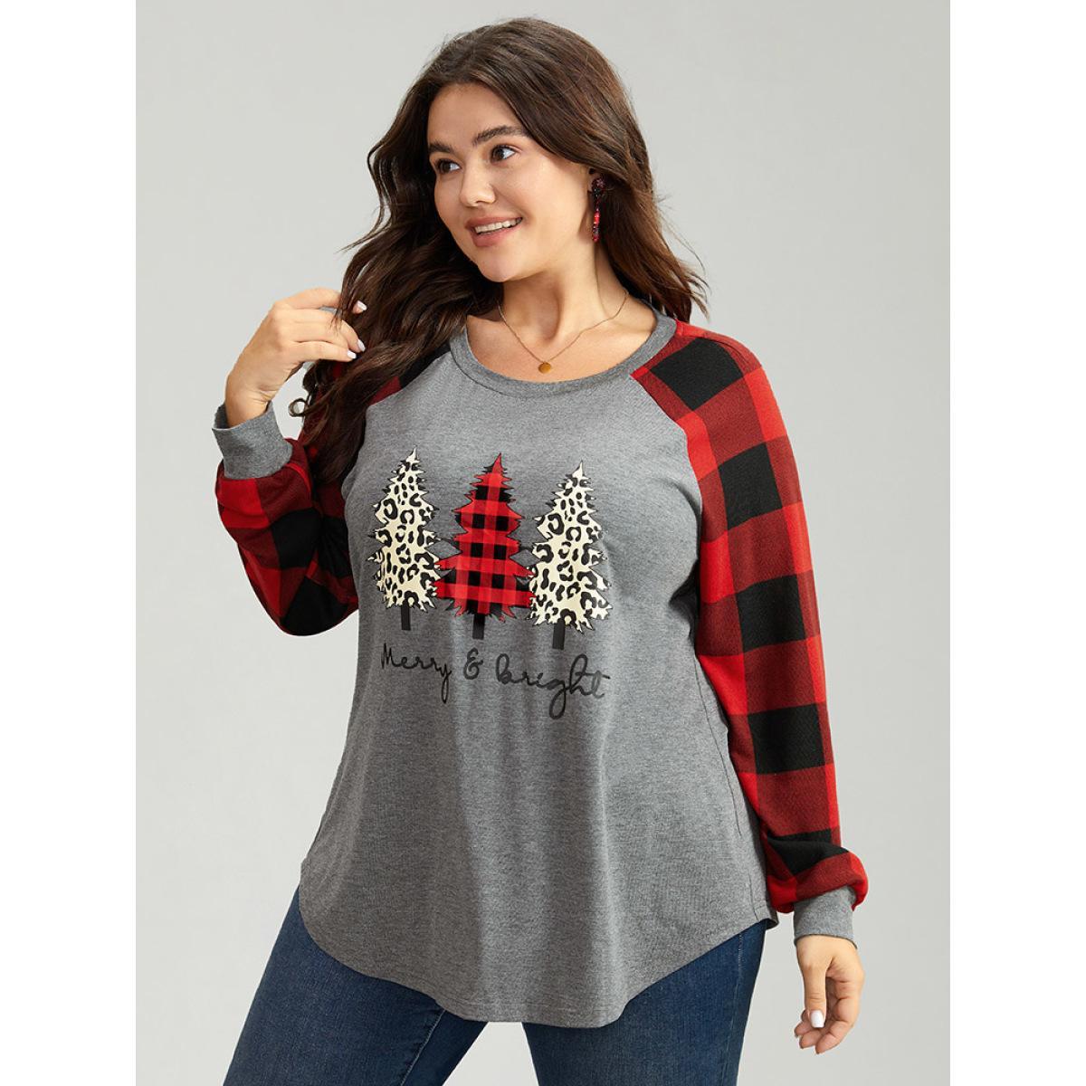 Plus Size Plaid Christmas Trees Round Neck T-shirt Gray Women Casual Contrast Christmas Festival-Christmas T-shirts BloomChic 10/M Product Image