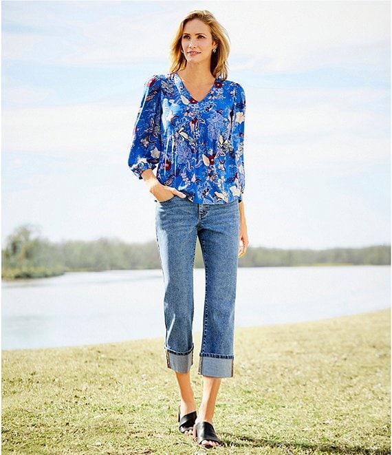 Nurture by Westbound Petite Size Woven Floral Print 3/4 Sleeve V-Neck Top Product Image