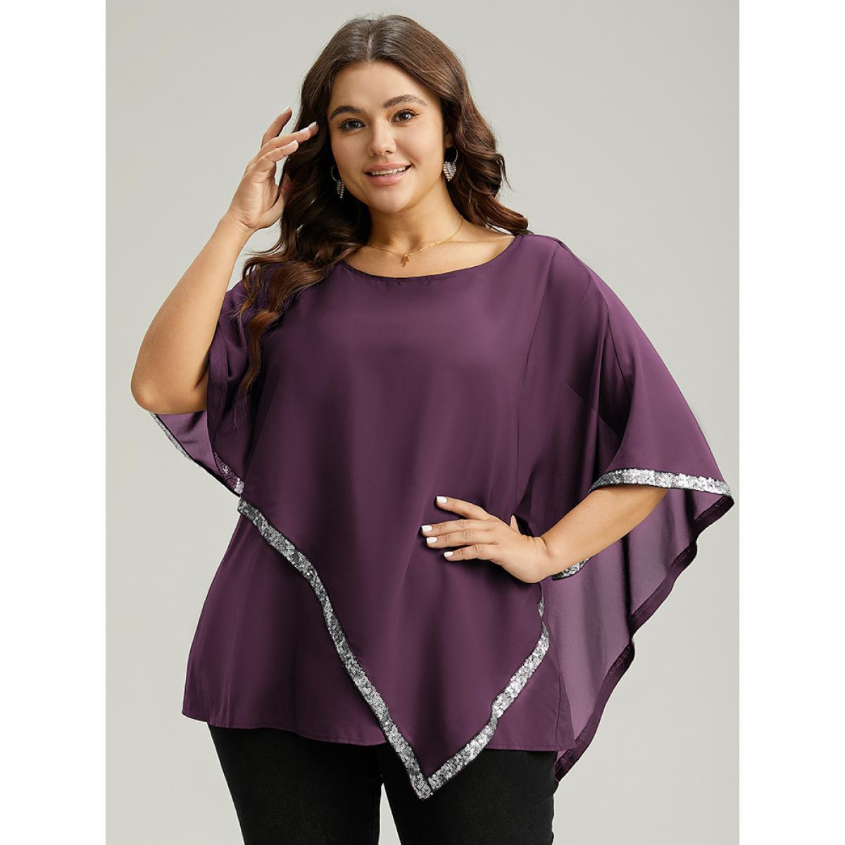 Plus Size Purple Sequin Patchwork Asymmetrical Dolman Sleeve Blouse Women Glamour Half Sleeve Round Neck Festival-Christmas Blouses BloomChic 10/M Product Image
