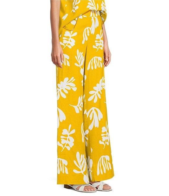 Marella Antiope Linen Blend Summer Leaf Print Elastic Back Wide Leg Pull-On Coordinating Pants Product Image
