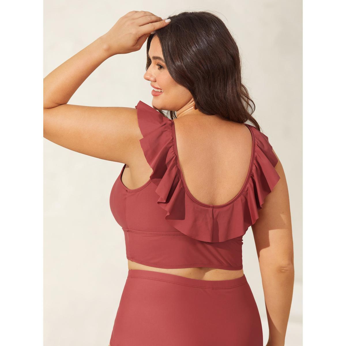 Plus Size Ruffled Drawstring Bodice Swim Top Women's Swimwear Rust Beach Drawstring High stretch Skinny V-neck Curve Swim Tops BloomChic 30/6X Product Image