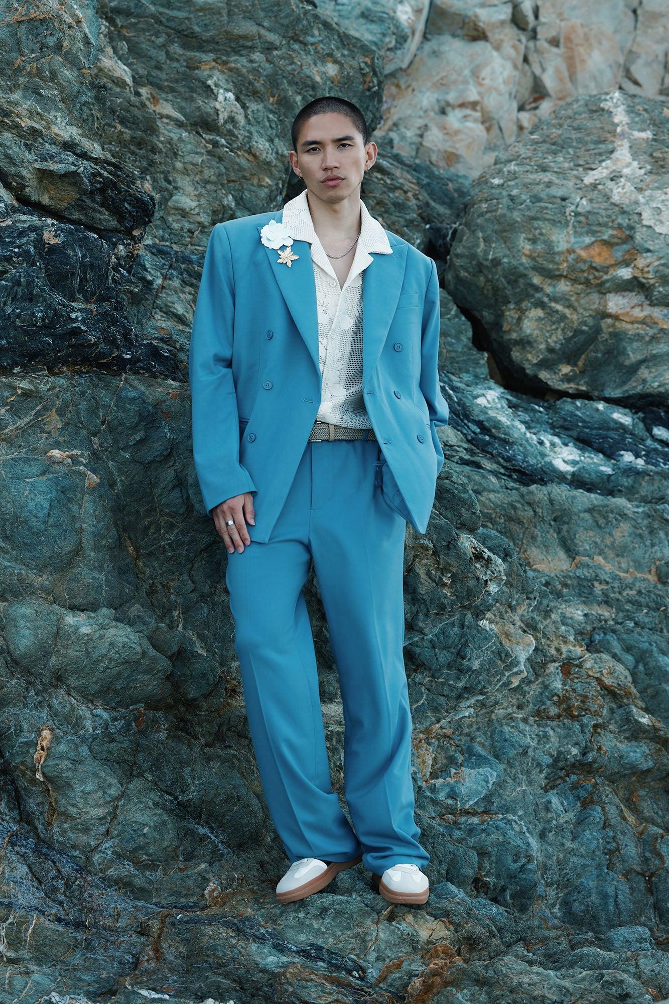High Peak Lapel Suit Blazer - Slate Blue Product Image