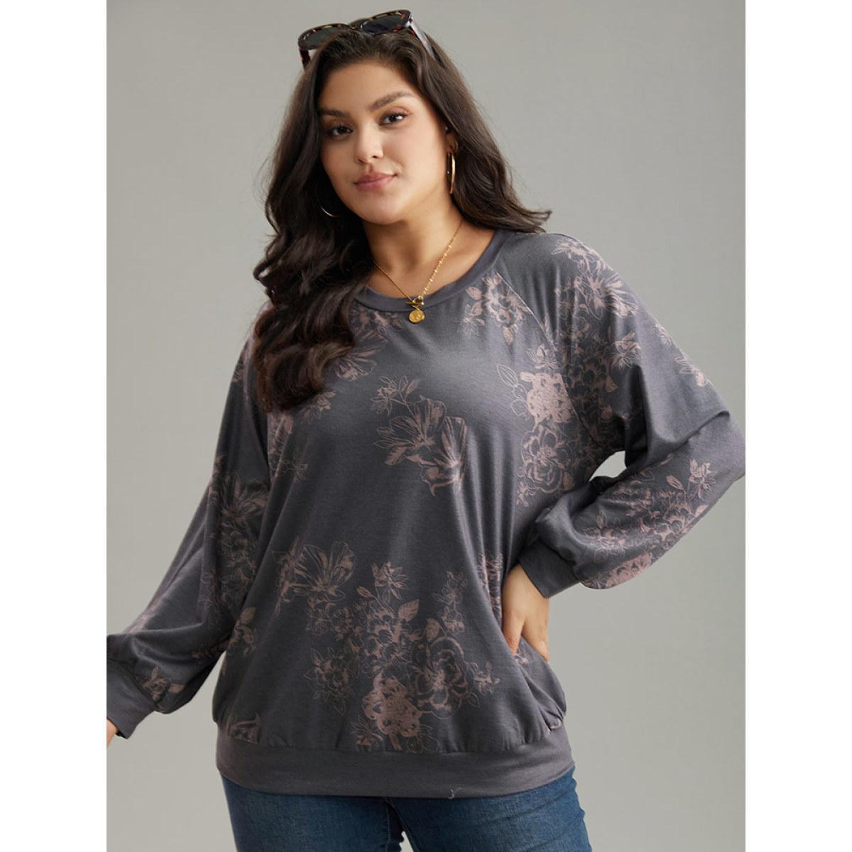 Plus Size Floral Print Round Neck Raglan Sleeve Sweatshirt Women Gray Elegant Heather Round Neck Dailywear Sweatshirts BloomChic 28/5X Product Image
