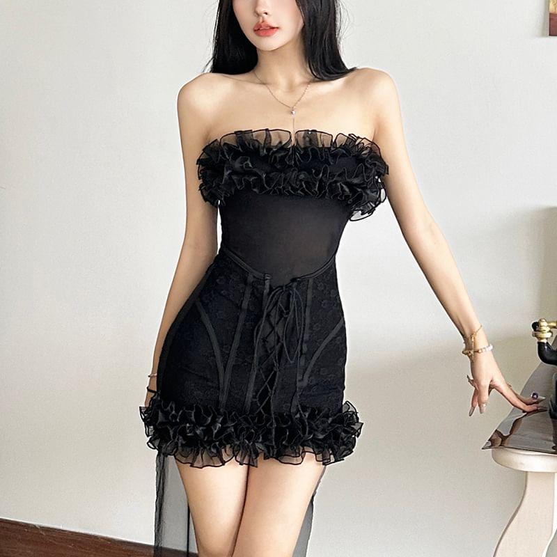 Strapless Plain Ruffle Hem Lace-Up Bodycon Mini Dress Product Image