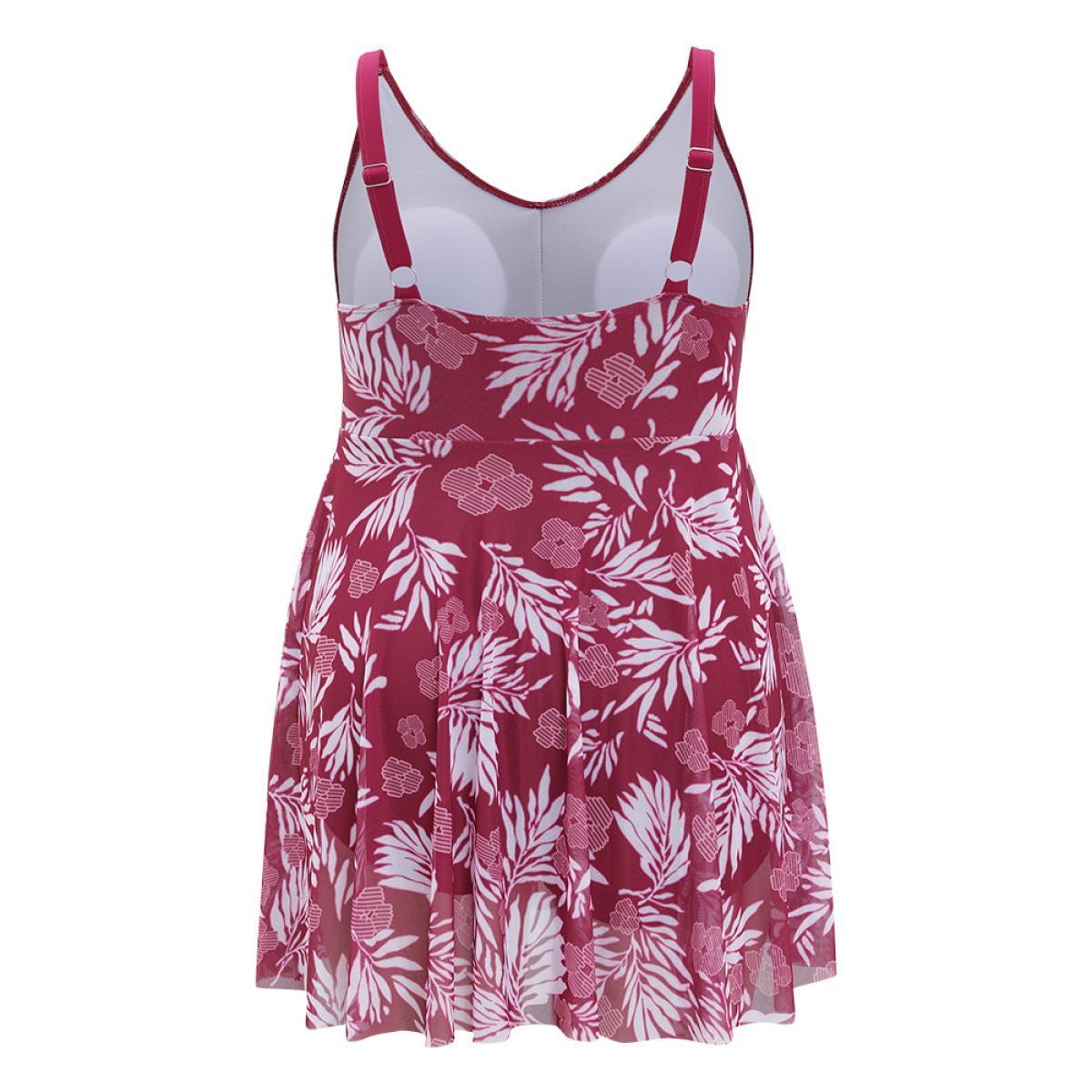 Plus Size Floral Print Adjustable Straps Flutter Split Hem Swim Dress Women's Swimwear RedViolet Vacation Bodycon Round Neck High stretch Curve Swim Dresses BloomChic 14-16/1X Product Image