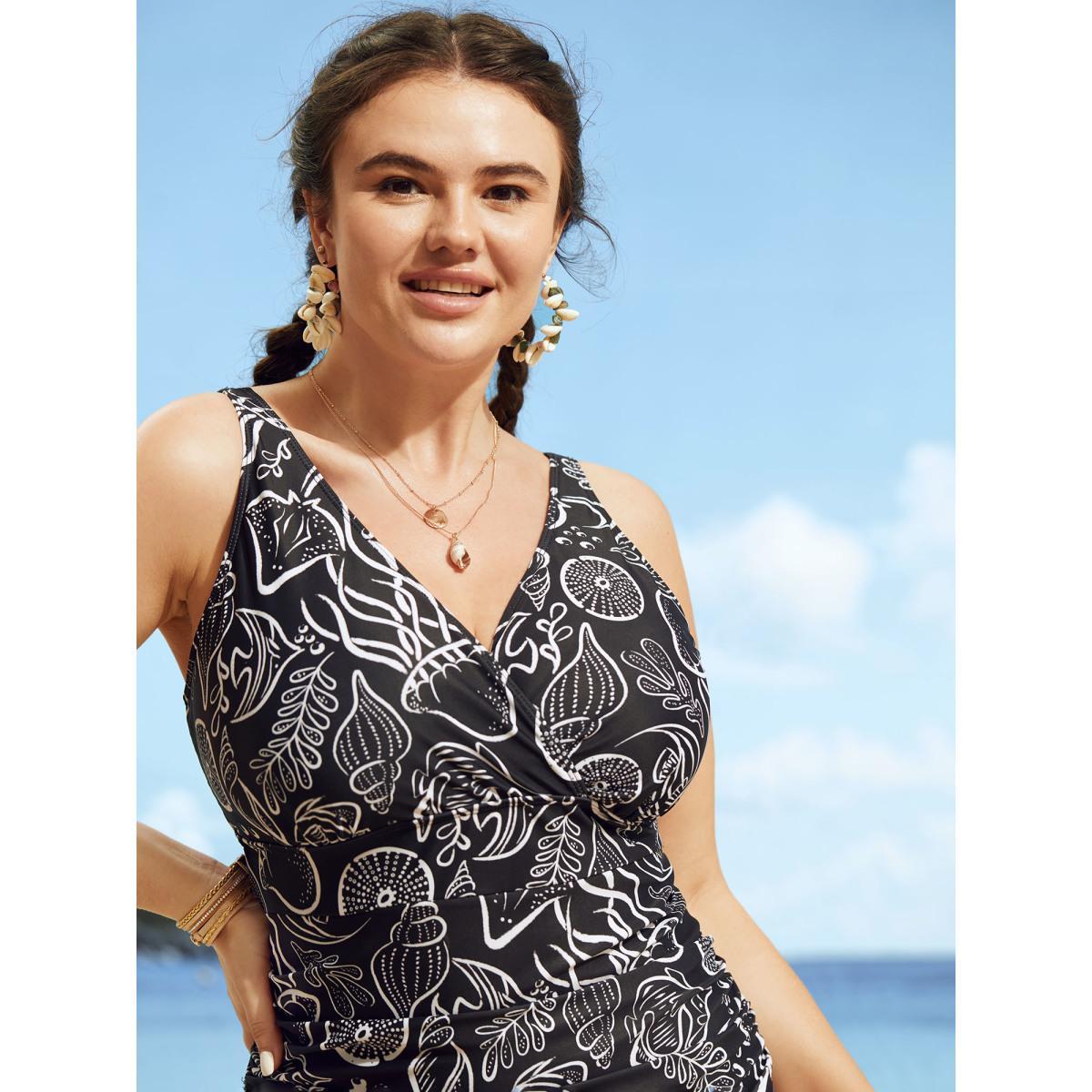 Plus Size V Neck Marine Elements Gathered One Piece Swimsuit Women's Swimwear Black Beach Gathered Curve Bathing Suits High stretch One Pieces BloomChic 18-20/2X Product Image