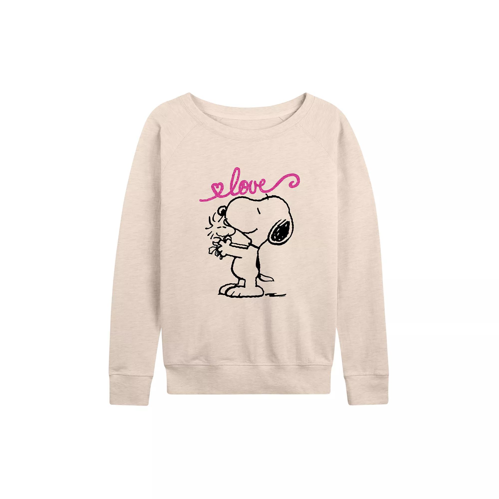 Women's Peanuts Valentine's Snoopy Love French Terry Long Sleeve Tee, Size: Medium, Beige Product Image