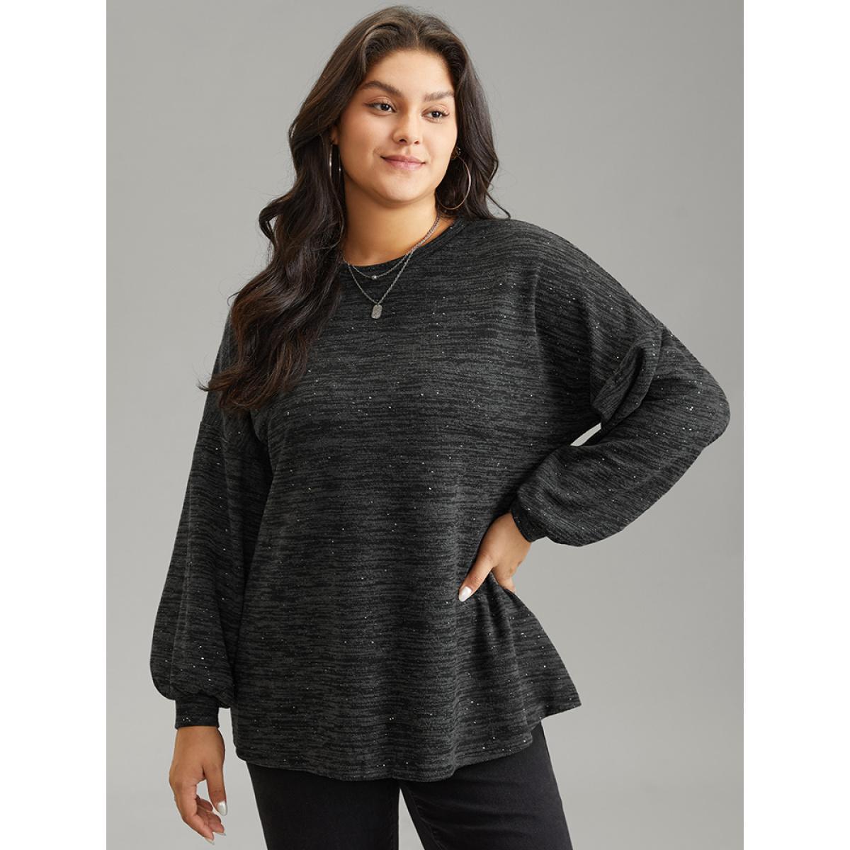 Plus Size Sequin Lantern Sleeve Drop Shoulder Sweatshirt Women DimGray Casual Sequin Round Neck Dailywear Sweatshirts BloomChic 14-16/1X Product Image