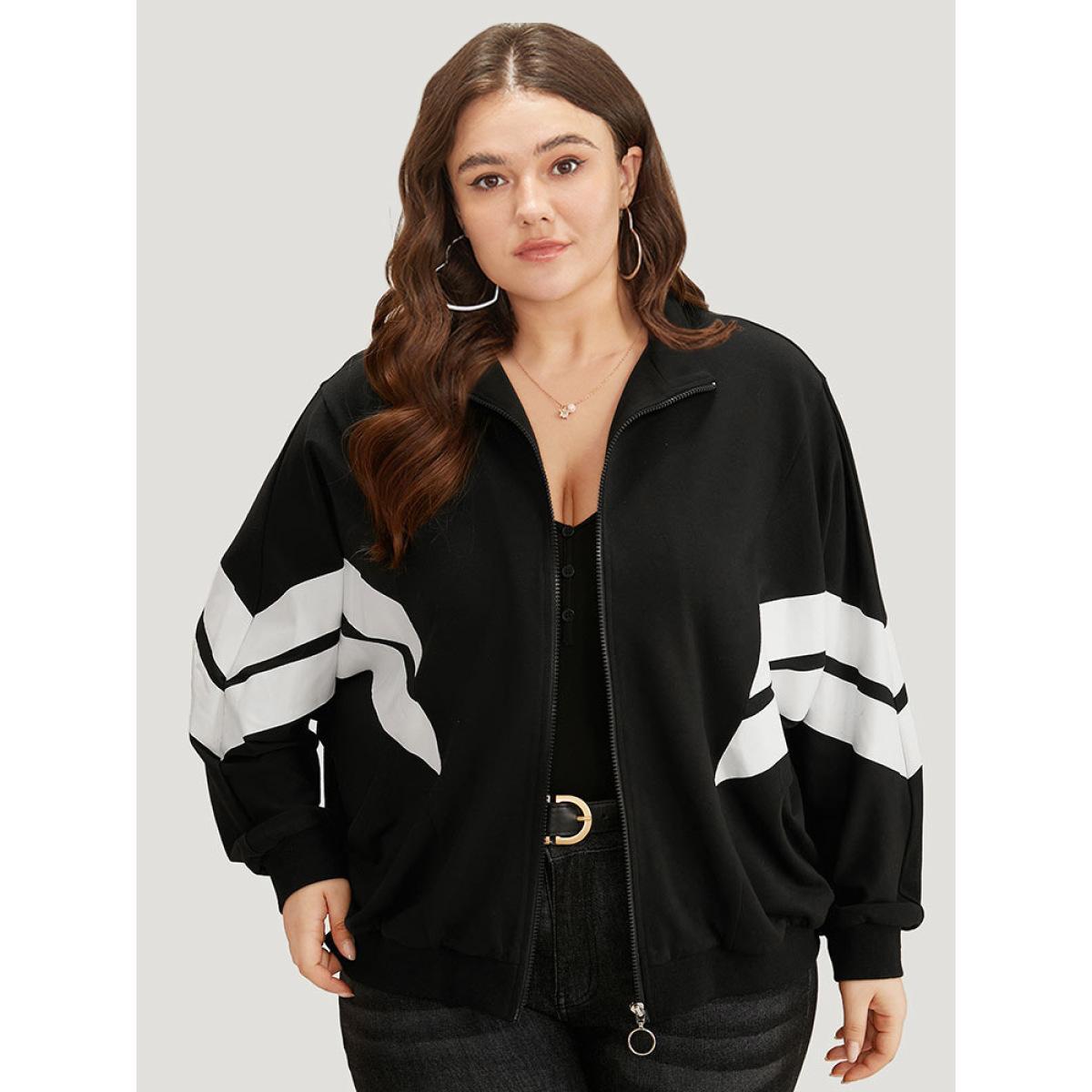 Plus Size Striped Geometric Mock Neck Zipper Jacket Women Black Contrast Everyday Jackets BloomChic 22-24/3X Product Image