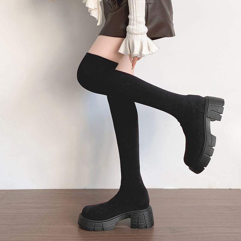 Platform Plain Knit Over-The-Knee Boots Product Image