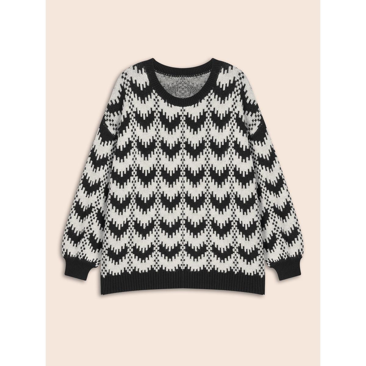 Plus Size Geometric Jacquard Drop Shoulder Sleeve Pullover Black Women Casual Loose Long Sleeve Round Neck Everyday Pullovers BloomChic 14-16/1X Product Image