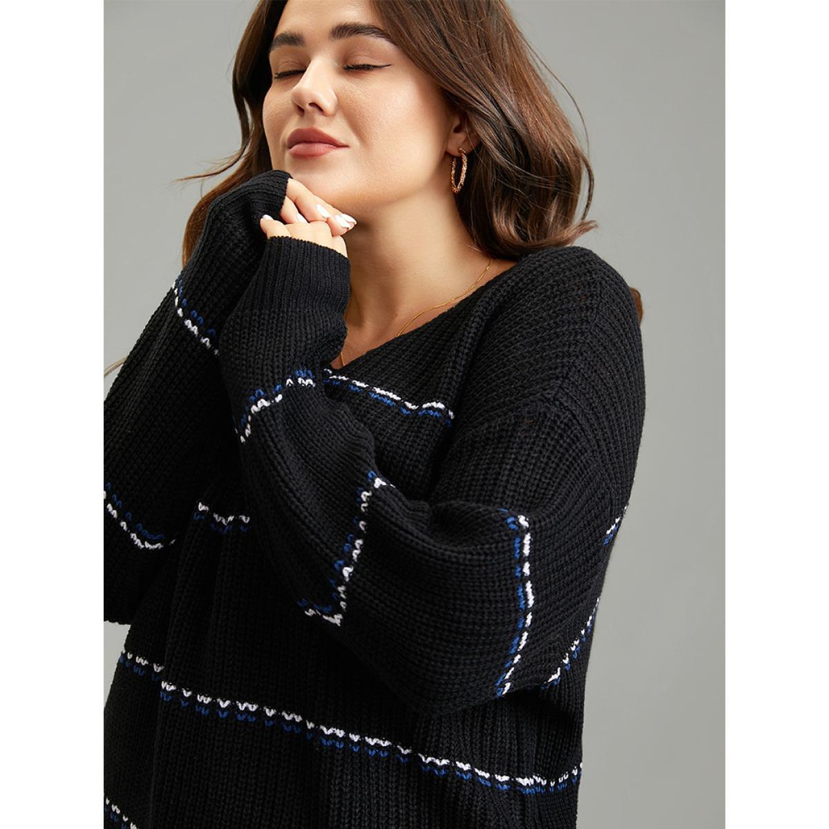 Plus Size Contrast Striped Round Neck Elastic Cuffs Pullover Black Women Casual Loose Long Sleeve Everyday Pullovers BloomChic 14-16/1X Product Image