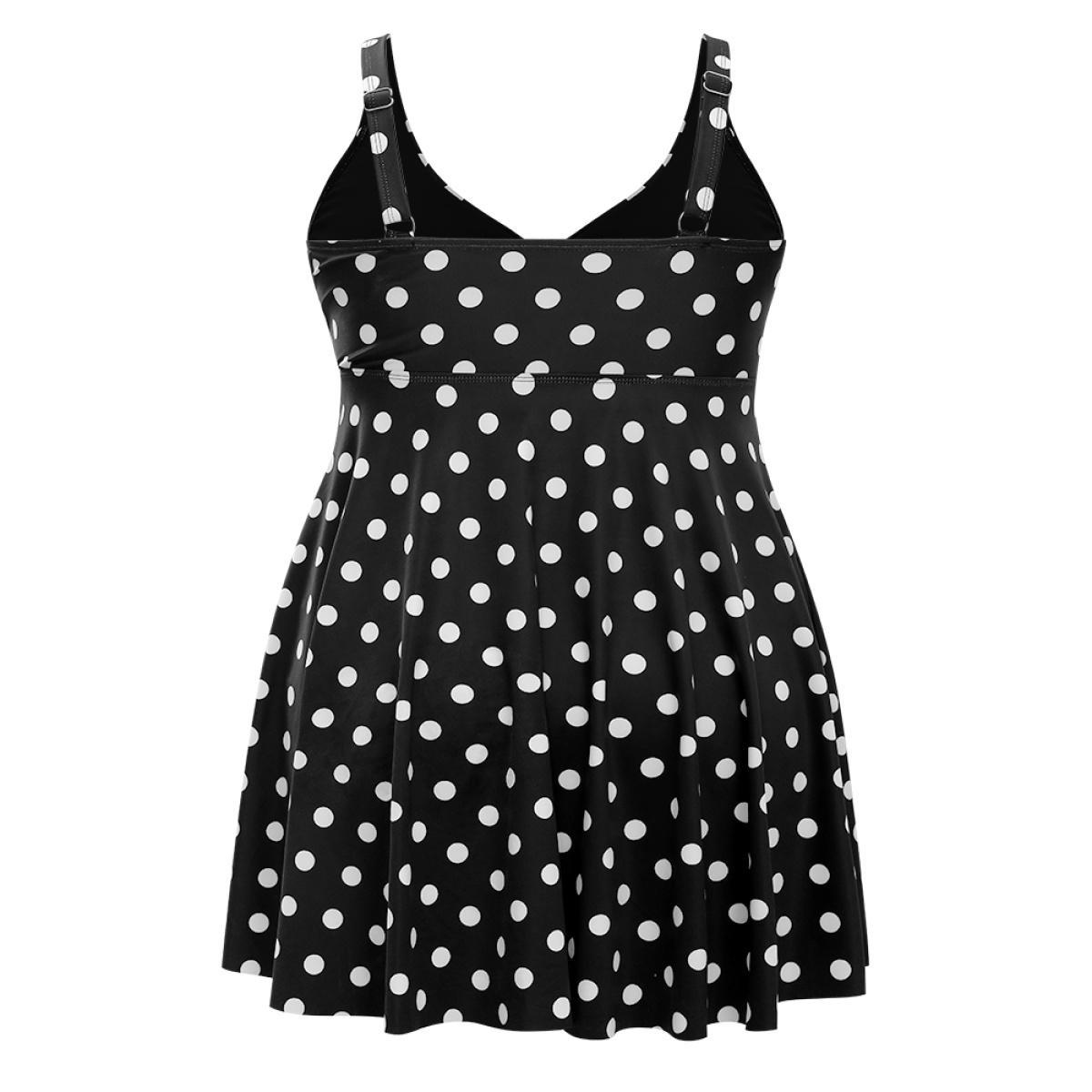 Plus Size Polka Dot Twist Front Adjustable Straps Swim Dress Women's Swimwear BlackFlower Vacation Bodycon Deep V-neck High stretch Curve Swim Dresses BloomChic 10/M Product Image