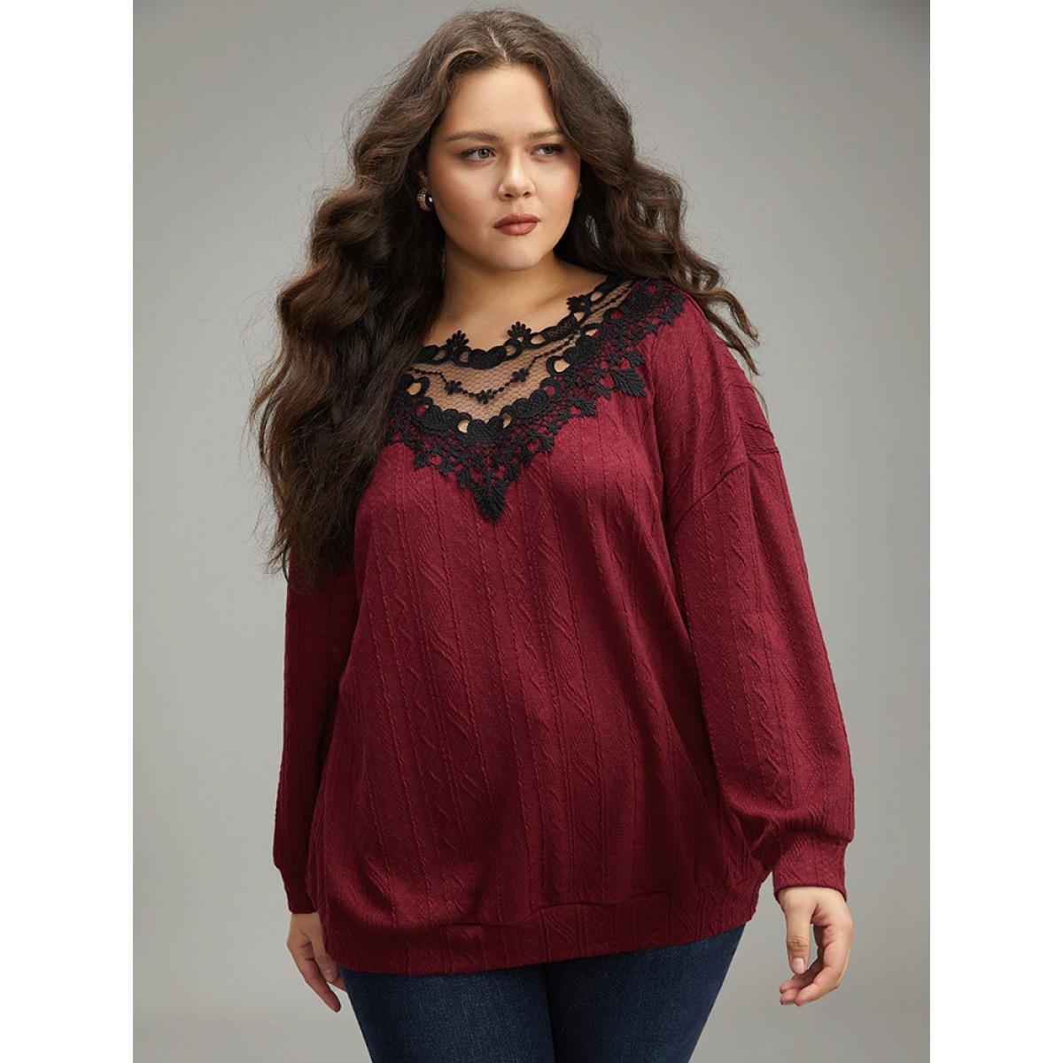 Plus Size Plain Textured Patchwork Lace Panel Sweatshirt Women Scarlet Elegant Elastic cuffs Round Neck Everyday Sweatshirts BloomChic 26/4X Product Image