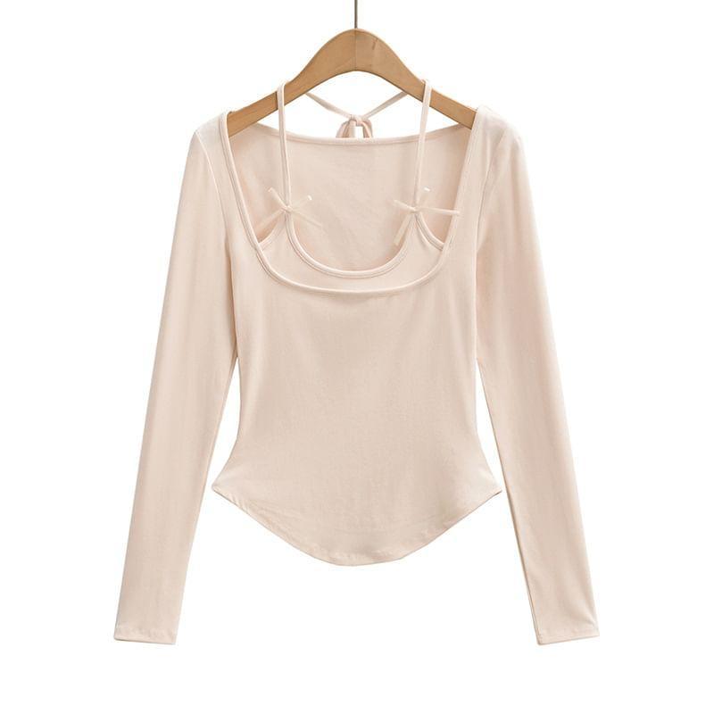 Long-Sleeve Scoop Neck Plain Mock Two Piece T-Shirt Product Image