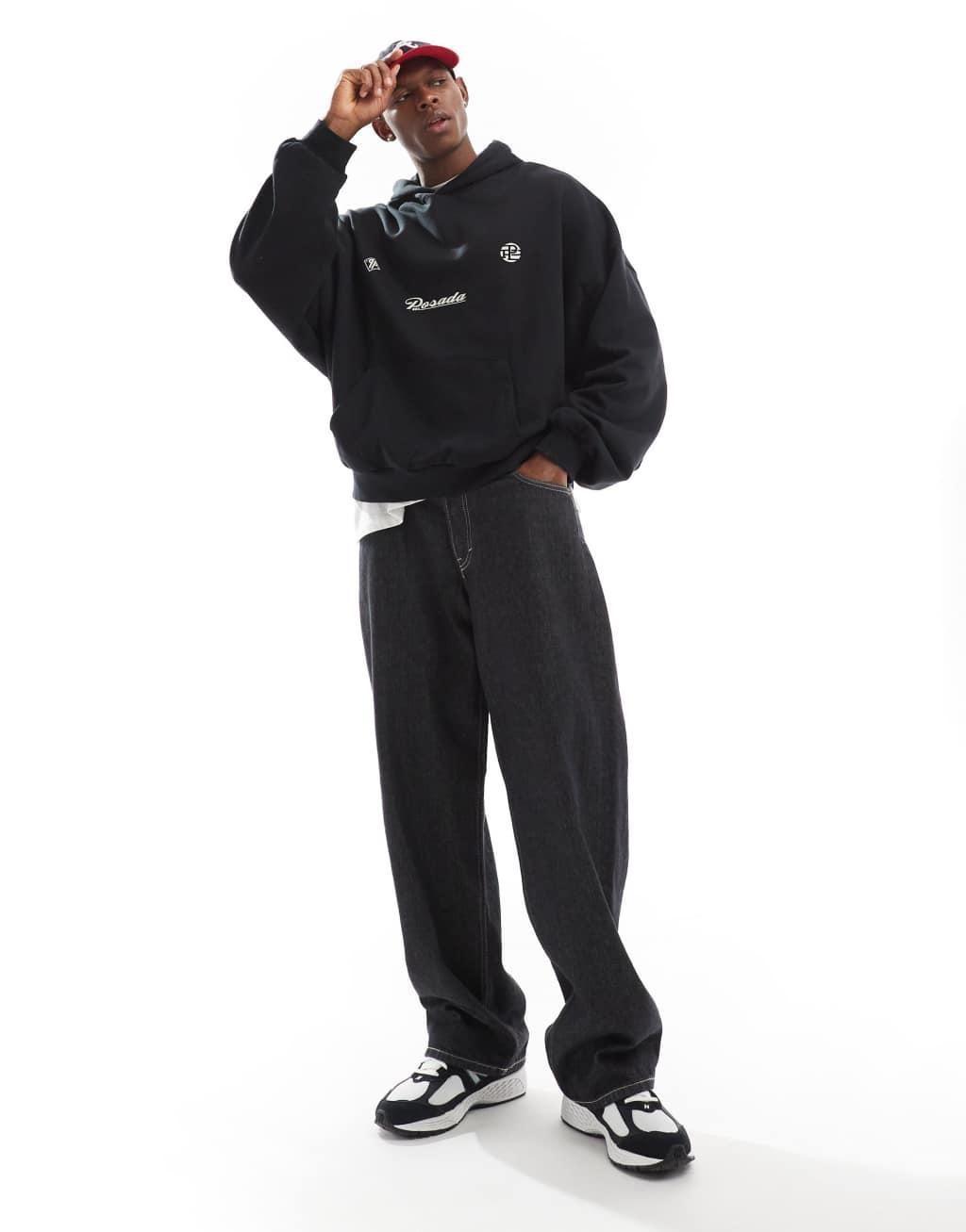 ASOS DESIGN extreme oversized hoodie with chest prints in black Product Image