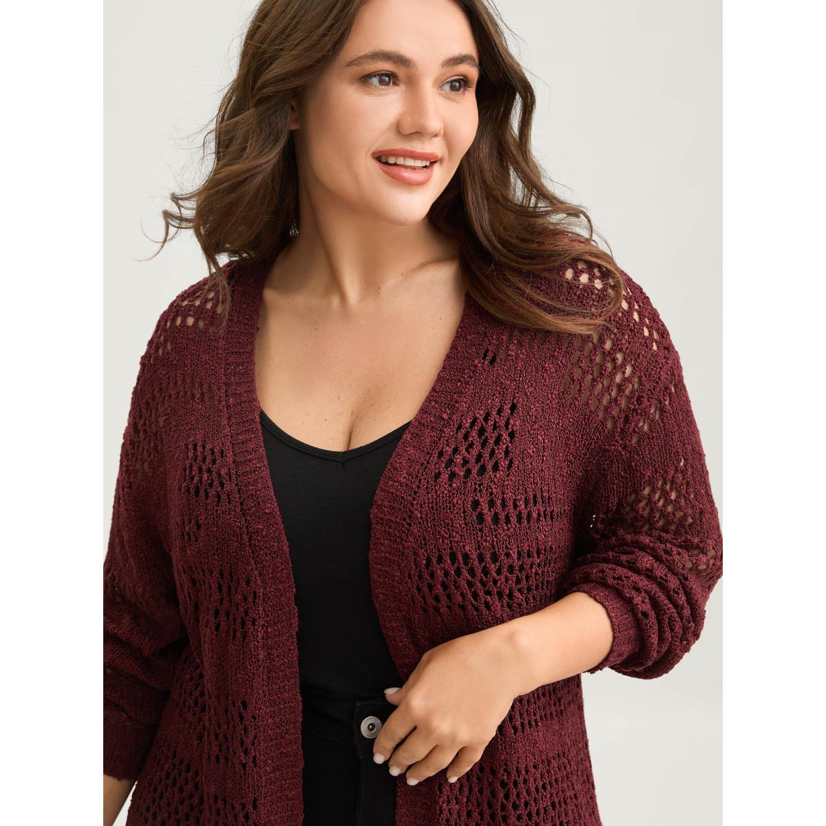 Plus Size Textured Cut-Out Open-Front Knit Cardigan Russet Women Loose Long Sleeve Everyday-Casual Cardigans BloomChic 10/M Product Image