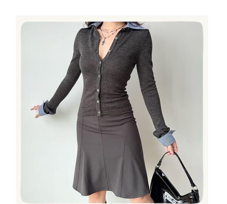 Collared Mock Two-Piece Plaid Panel Button-Up Cardigan Product Image