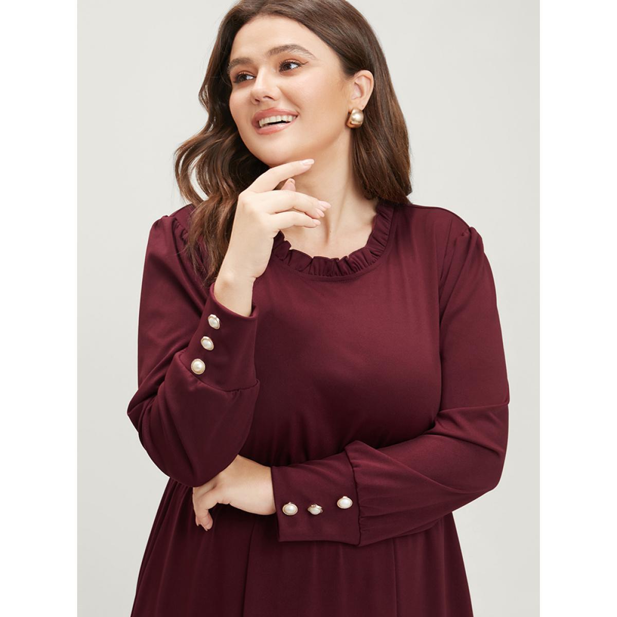 Plus Size Solid Pearl Beaded Frill Trim Lantern Sleeve Flutter Dress Burgundy Women Elegant Round Neck Long Sleeve Curvy Midi Dress BloomChic 30/6X Product Image