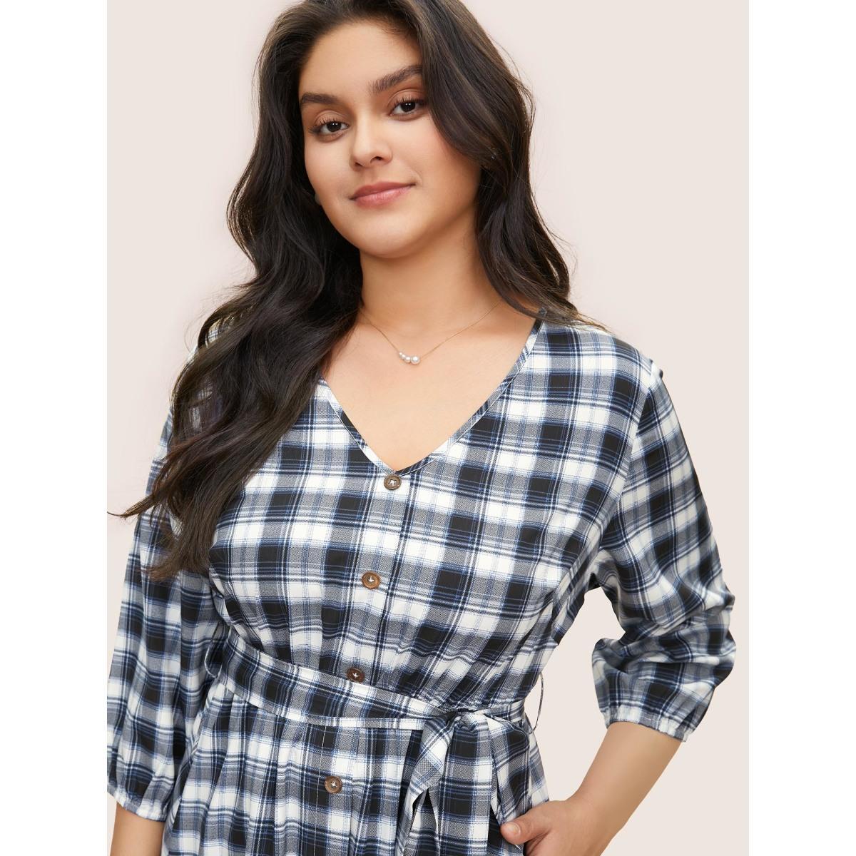 Plus Size Plaid Button Detail Belted Elastic Waist Dress DarkBlue Women Work From Home Non V-neck Elbow-length sleeve Curvy Midi Dress BloomChic 30/6X Product Image